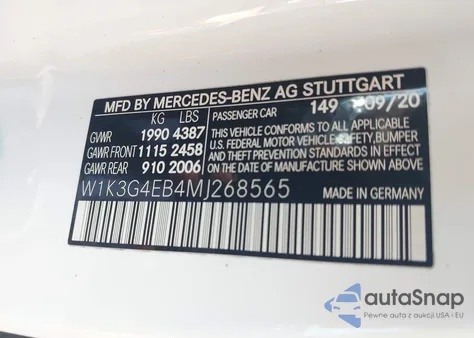 2021 Mercedes-Benz A z USA, uszkodzony, nr VIN W1K3G4EB4MJ268565